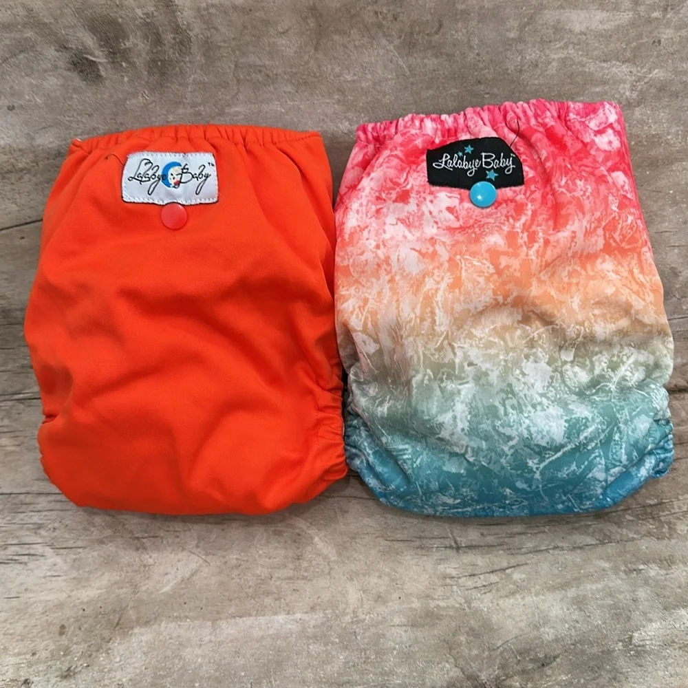 Lalabye Baby, one size cloth diapers reusable. Pair, one print one solid. *USED*